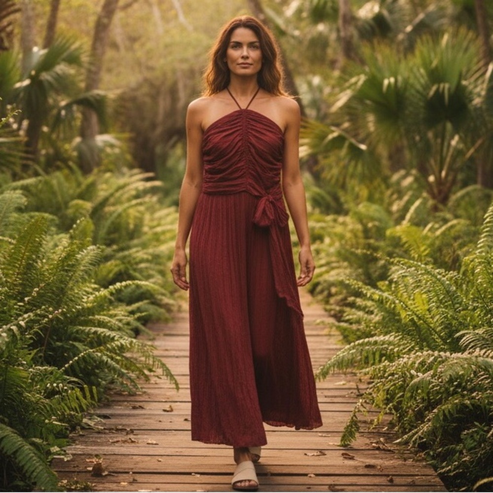 WHBM Strapless Pleated Tie Waist Dress Womens 6 Sienna Reddish Brown Whimsigoth